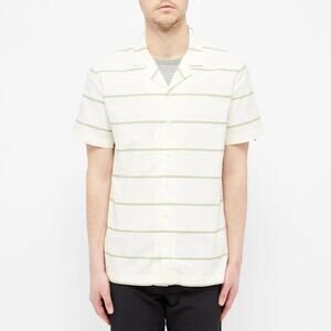 Wings + Horns Men's Ivory/Moss Green Striped Cotton Short Sleeve Shirt Size XL